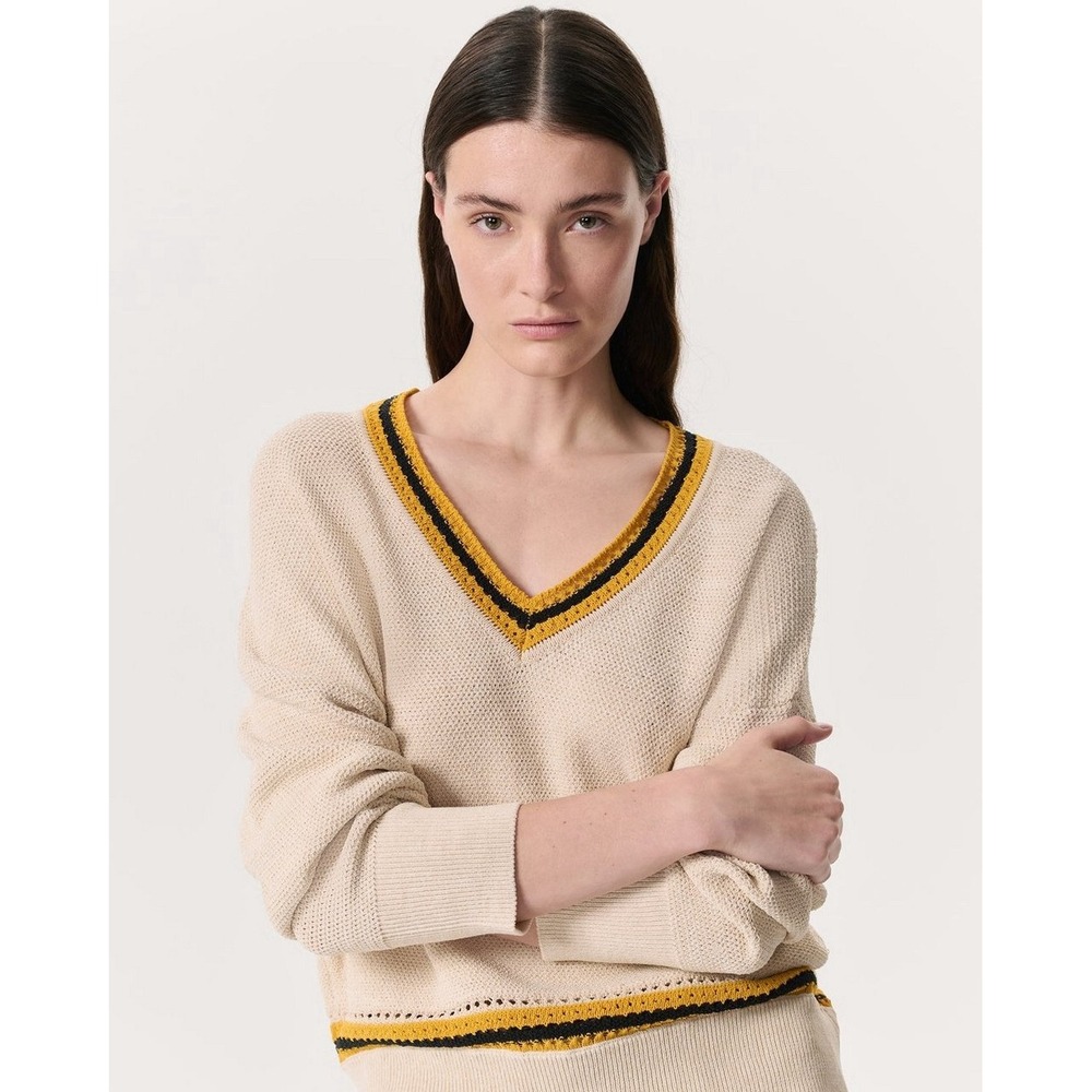 Rag And Bone Meghan Striped Crochet-Trim V-Neck Sweater Size M